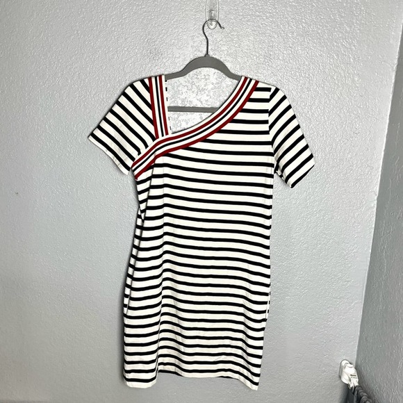 SEE BY CHLOE Jersey Knit Striped Asymmetric Neckline Mini Dress - Picture 4 of 5